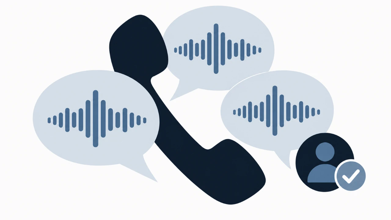 A telephone receiver and three matching voice waveforms beside a separate caller-verification emblem.