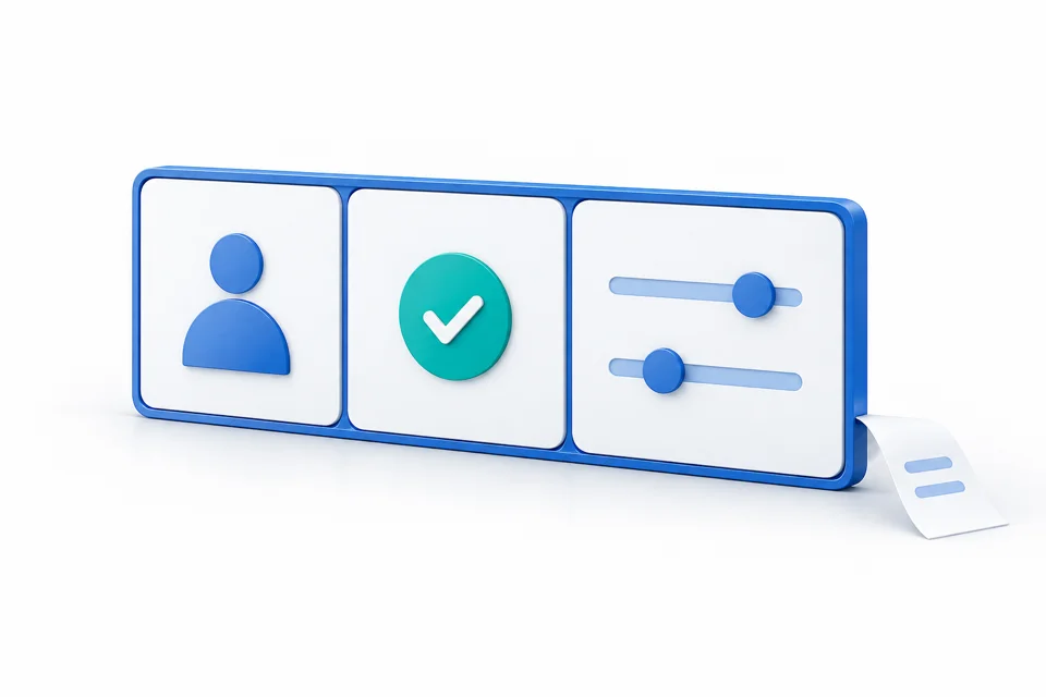 Illustration: user context, verification, and action controls connected in one workspace.