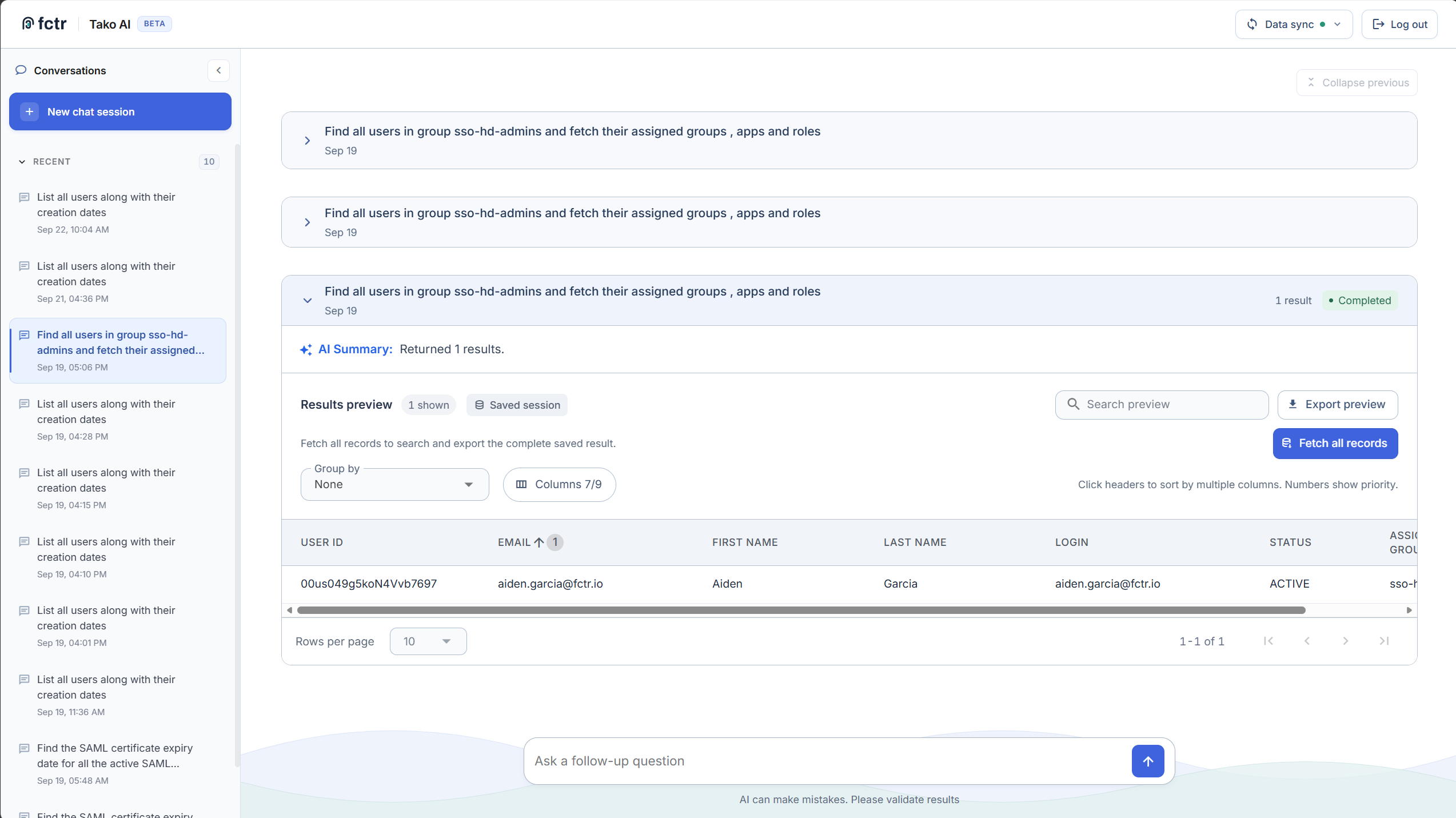Tako AI web interface showing a group membership query, saved conversations, an AI Summary, a results preview, column controls, and export options.